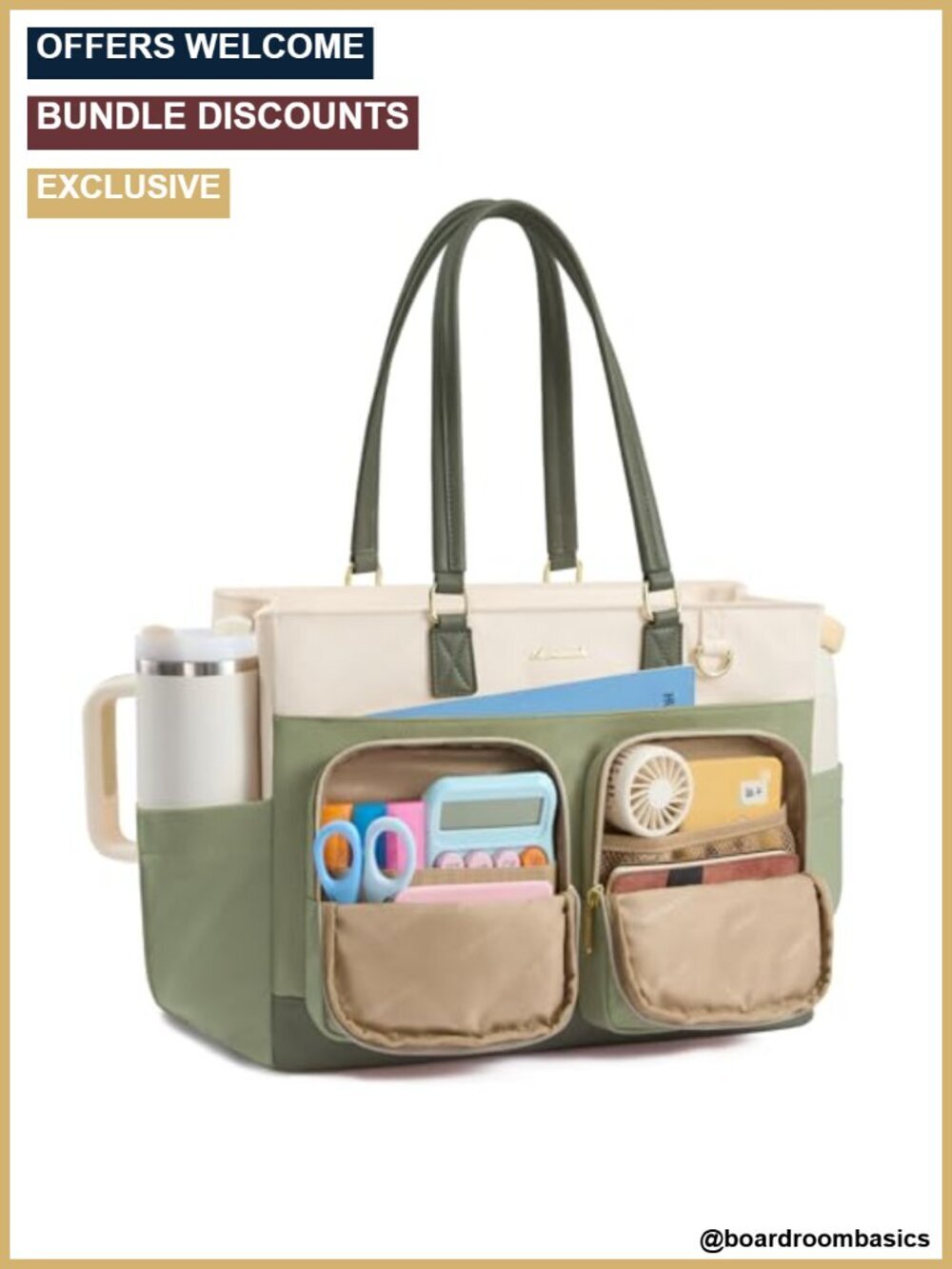 Quilted Work Tote Bag with 40oz Cup Holder, 15.6" Laptop Compartment